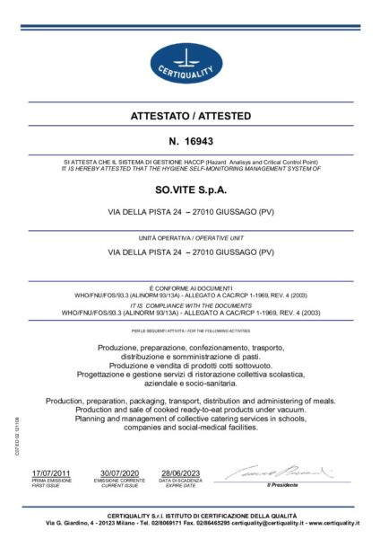 Certificato UNI 10854:1999