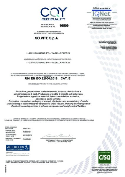 Certificato UNI EN ISO 22000:2018